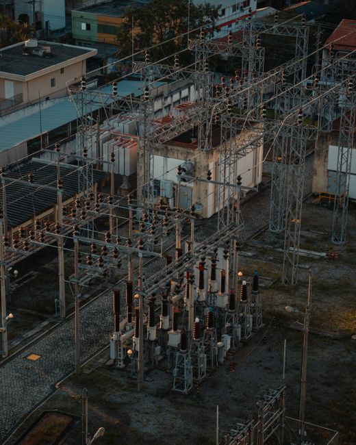 Aerial view of electrical substation for bitcoin mining power distribution