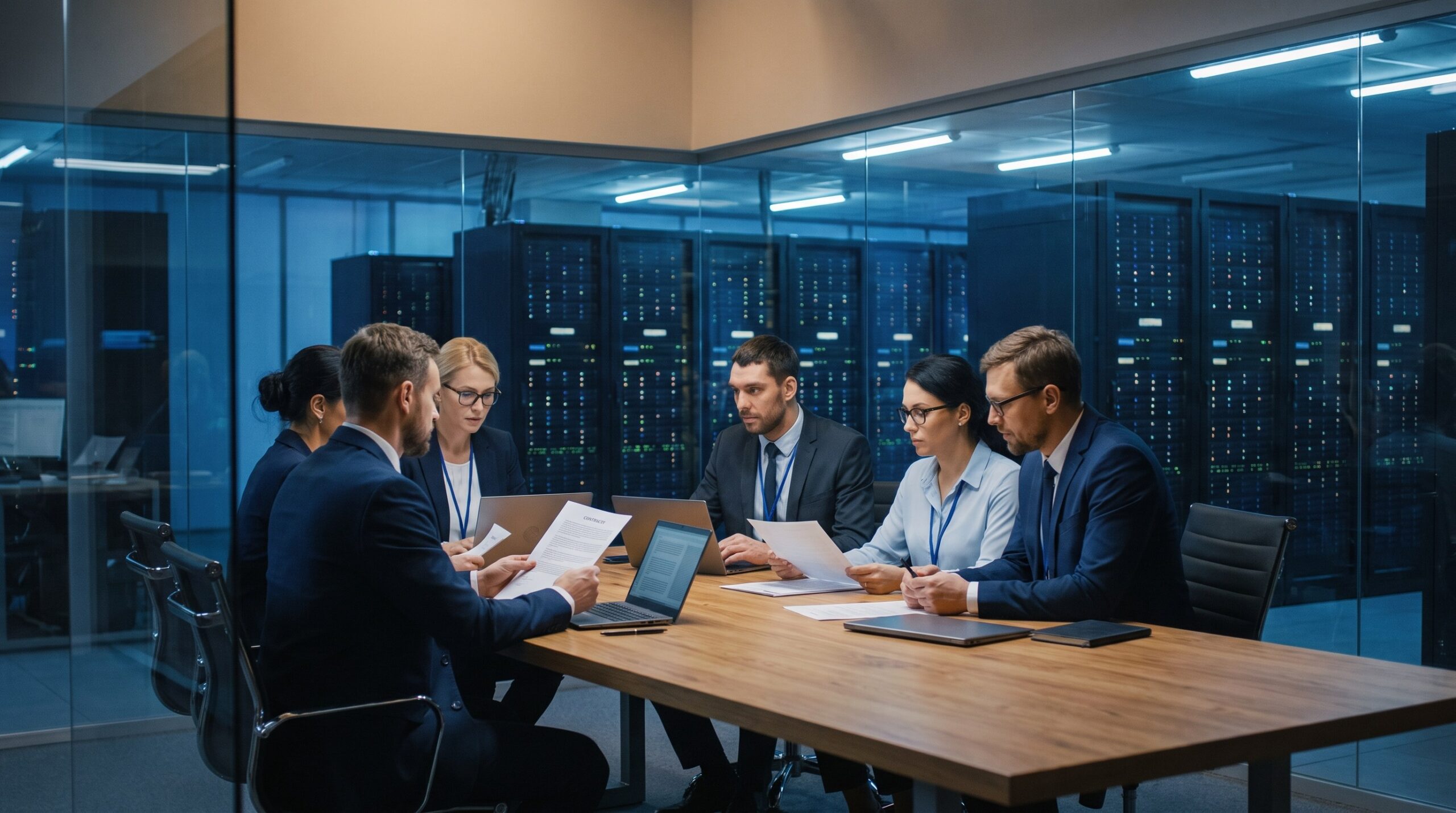 Business professionals reviewing colocation hosting contracts in a data center conference room with server racks visible