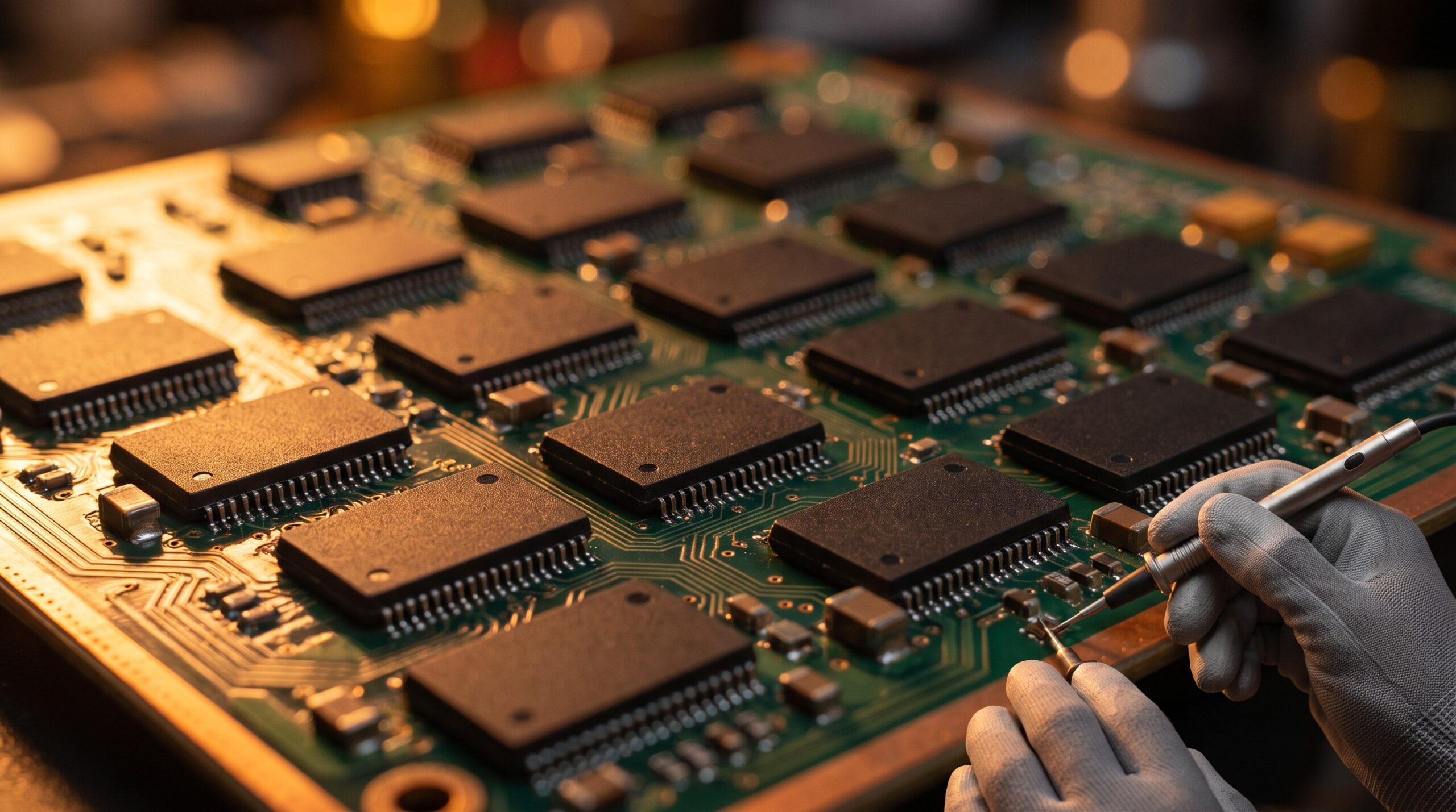 Close-up macro photograph of an ASIC miner hashboard with mining chips and circuit board being inspected by a technician with diagnostic tools