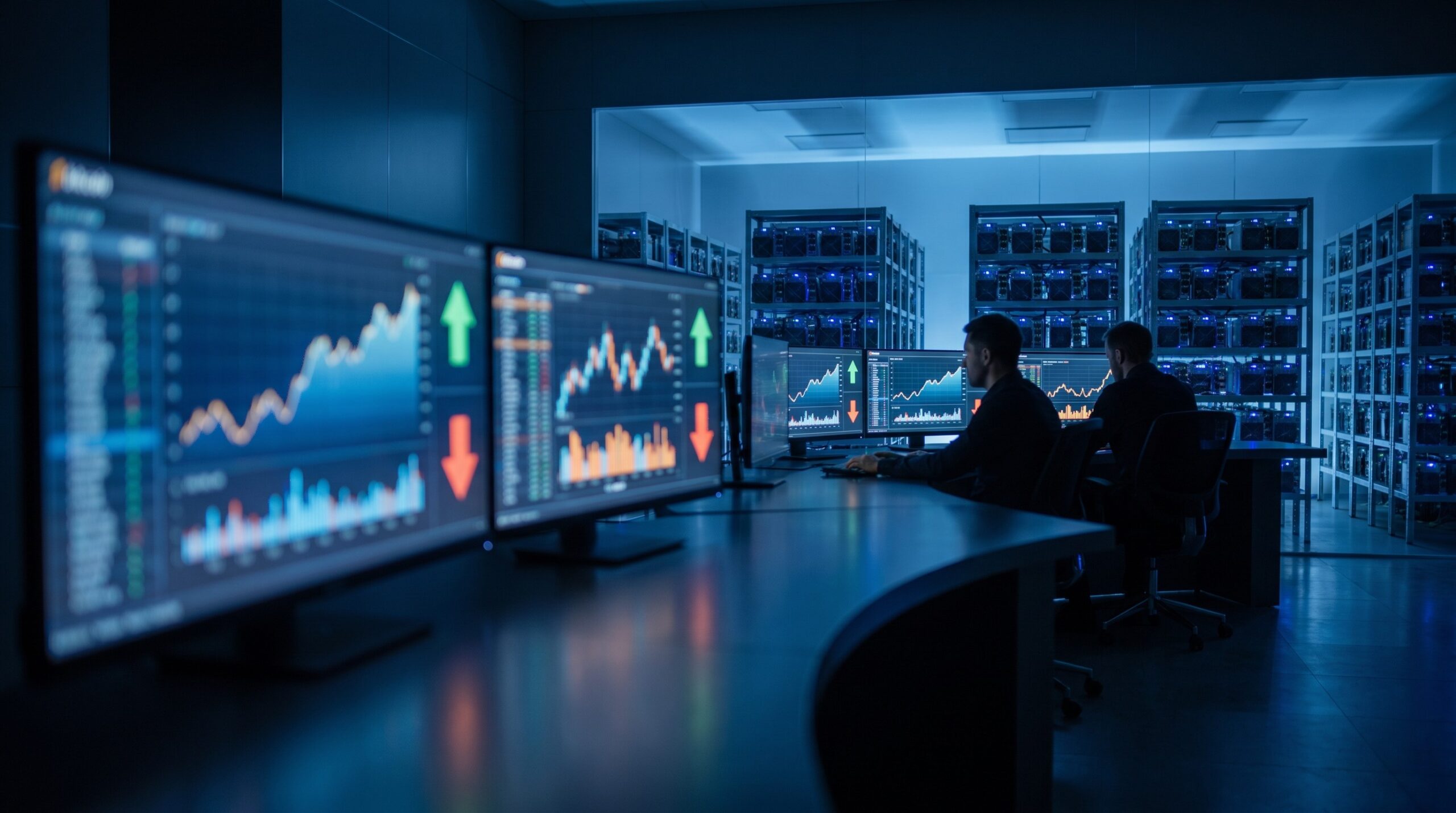 Bitcoin mining data center control room with multiple screens displaying hashprice charts and mining profitability metrics
