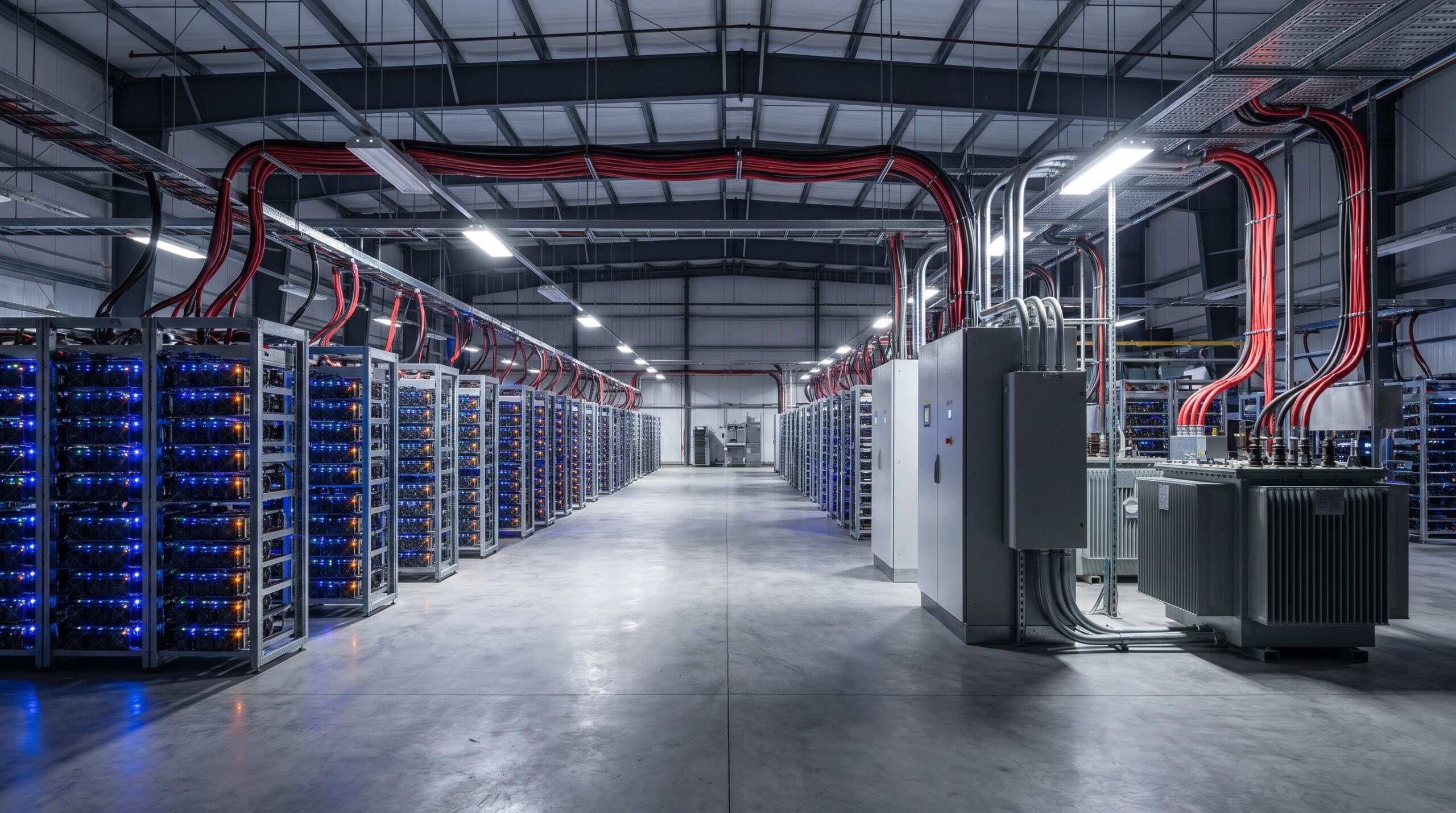 Large-scale Bitcoin mining data center facility with rows of mining rigs and high-voltage power infrastructure