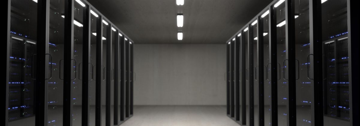 Modern data center infrastructure with server racks and networking equipment