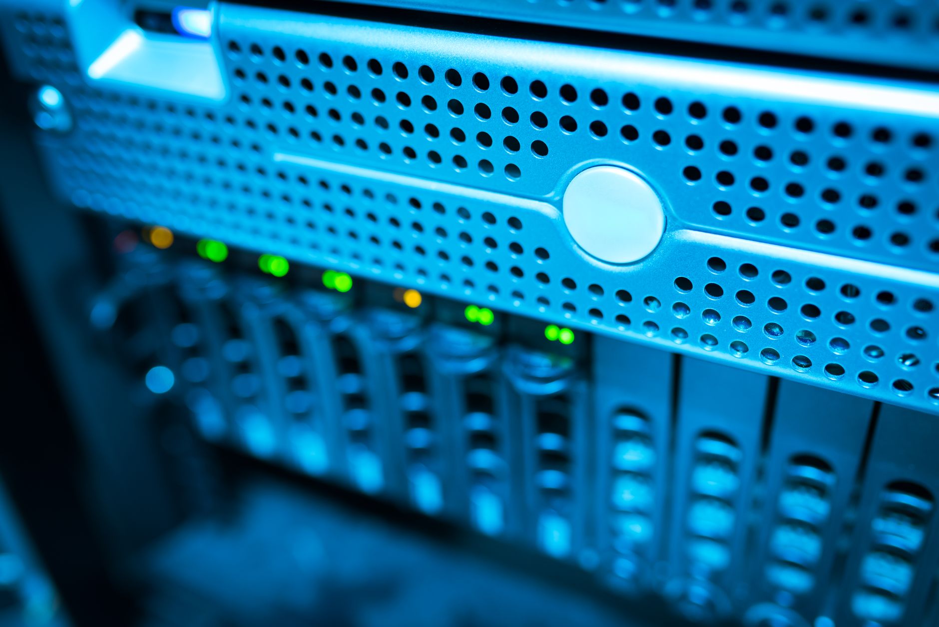 Modern data server rack with blinking lights in a professional colocation facility