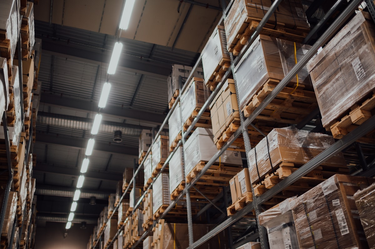 ASIC Bitcoin mining hardware packed for shipping in a warehouse