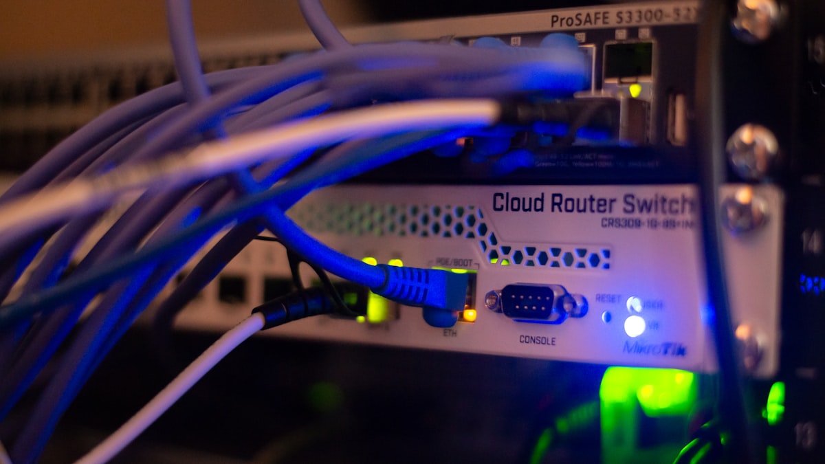 Network cables and switches in a server room illustrating cybersecurity infrastructure for Bitcoin mining operations